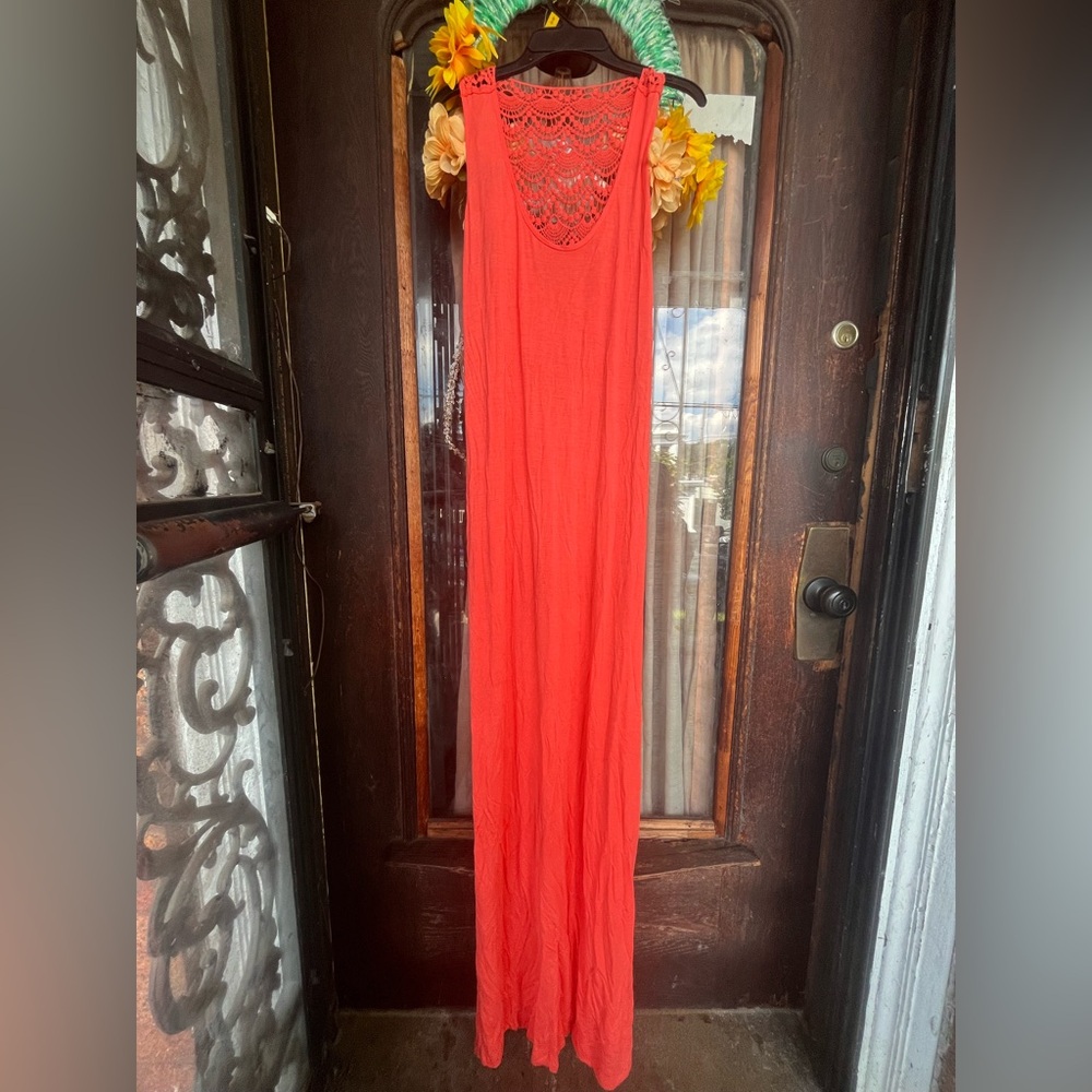Elegant Coral Maxi Sun Dress NWT Size L Kenneth Cole Reactions Beachy Boho Lace